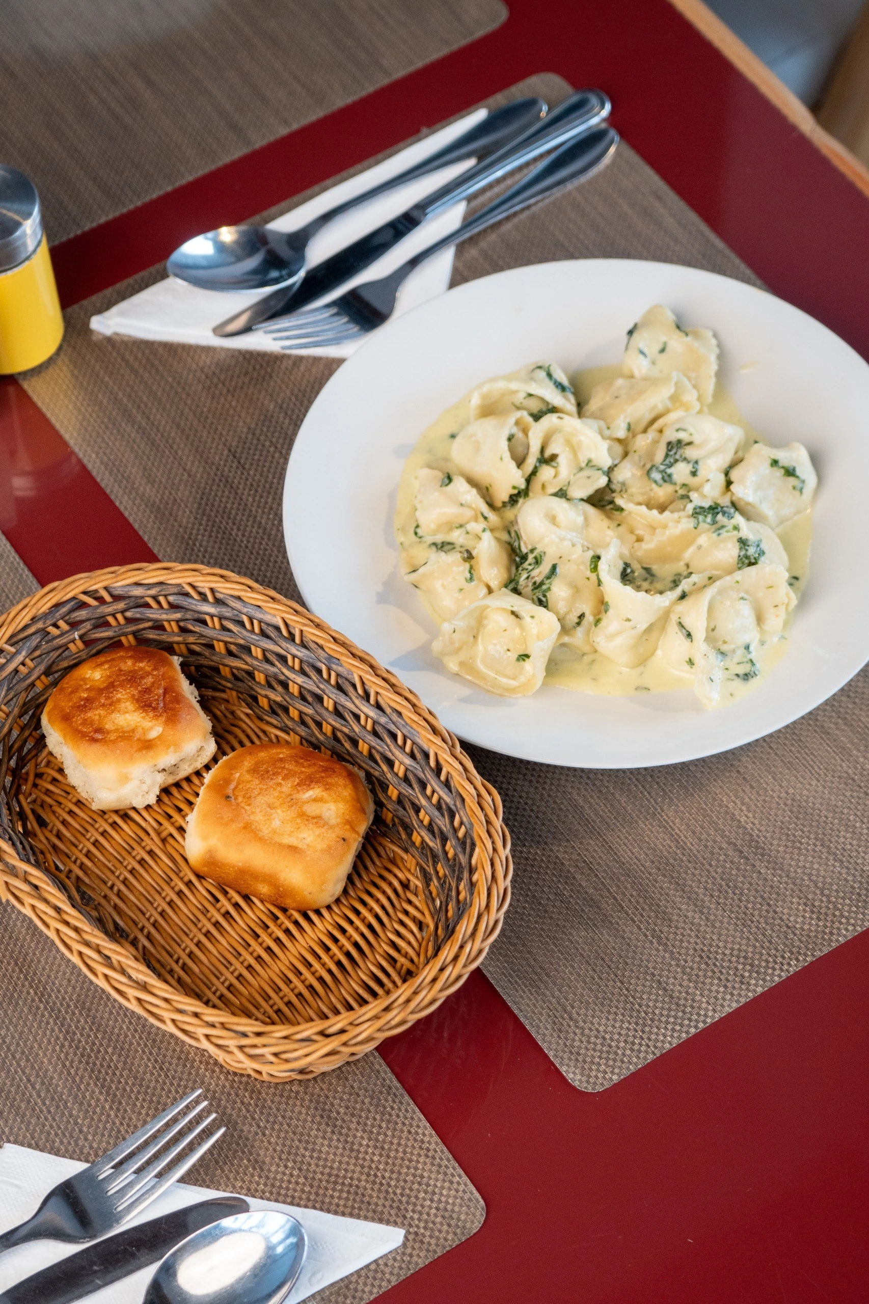 Ravioli Beside a Basket of Bread at Andiamo Italian Restaurant in Addis Ababa
